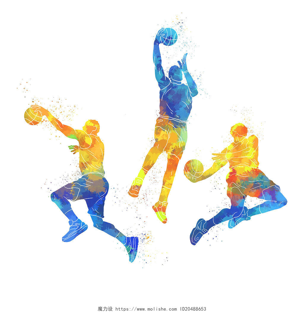 水彩泼墨风运动人物打篮球灌篮PNG素材运动健身